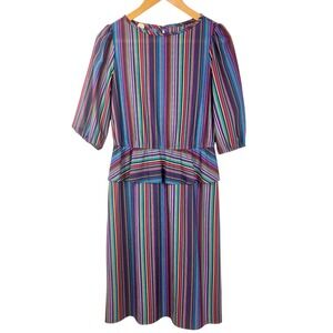 Vintage‎ Rainbow Striped Midi Dress Puff Sleeve Button Back Size M